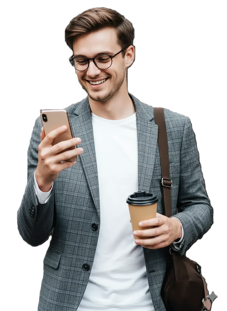 A young man using his mobile to sign up with pitradefx - a global online trading broker